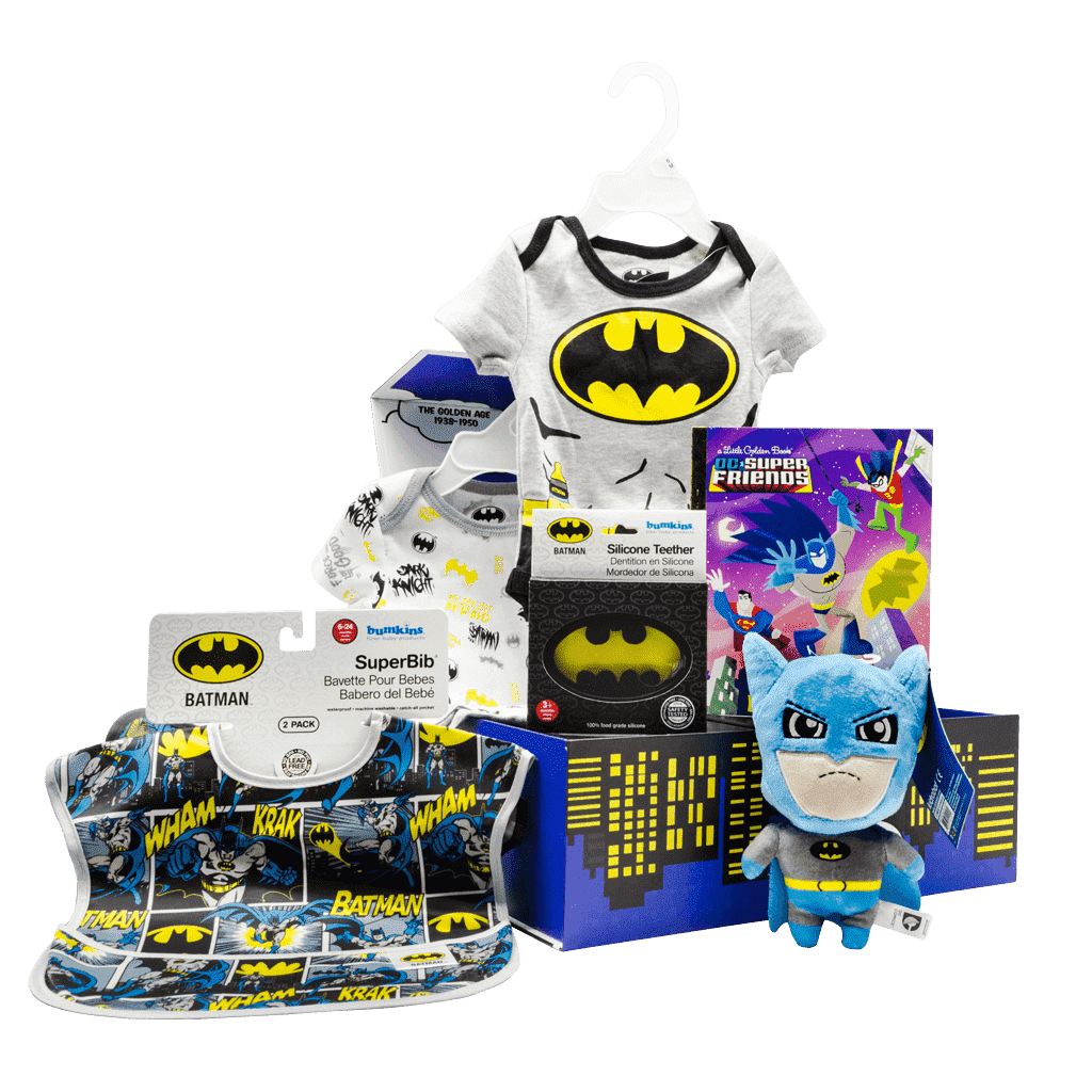 Batman My 1st Lil Superhero Chest gift box includes batman 7 inch plush stuffy, dc friends batman kids book, batman logo baby teether, batman 2 pack bibs and batman infant onsies