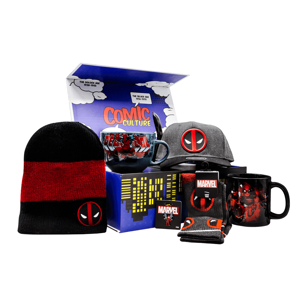 Deadpool Marvel gift box includes snapback cap, black and red toque, adult crew socks, character lapel pin, ceramic coffee mug and ceramic soup mug with spoon