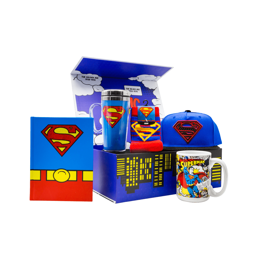 Superman Man of Steel gift box includes hardcover jurnal, travel mug, crew socks, snapback cap and cerqmic coffee mug
