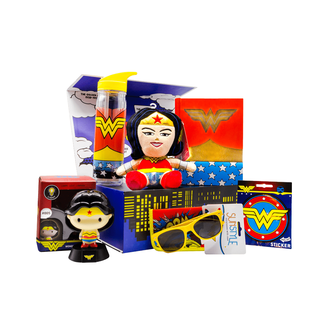 Wonder Woman gift box with hard cover journal, water bottle, character night light, sunglasses with pouch, 7 inch character plush stuffy and peel off sticker