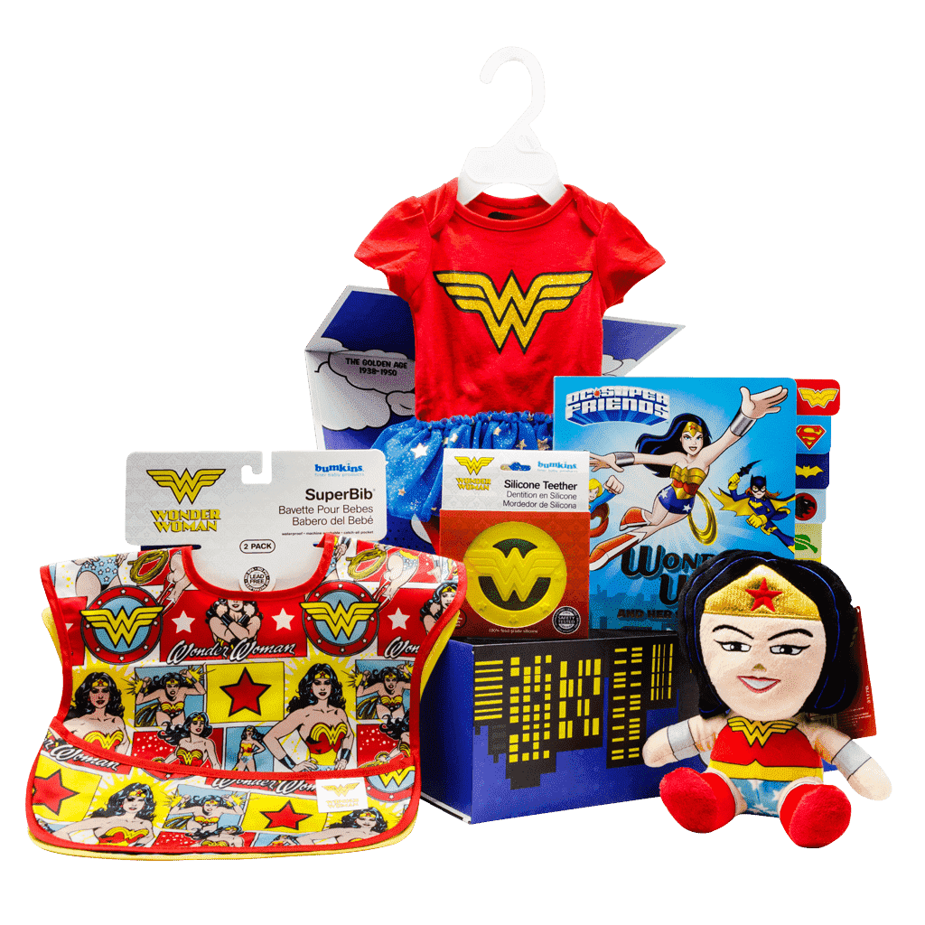 Wonder Woman My 1st Lil Superhero gift box includes baby bibs, baby teether, book, 7 inch character stuffy and onsie