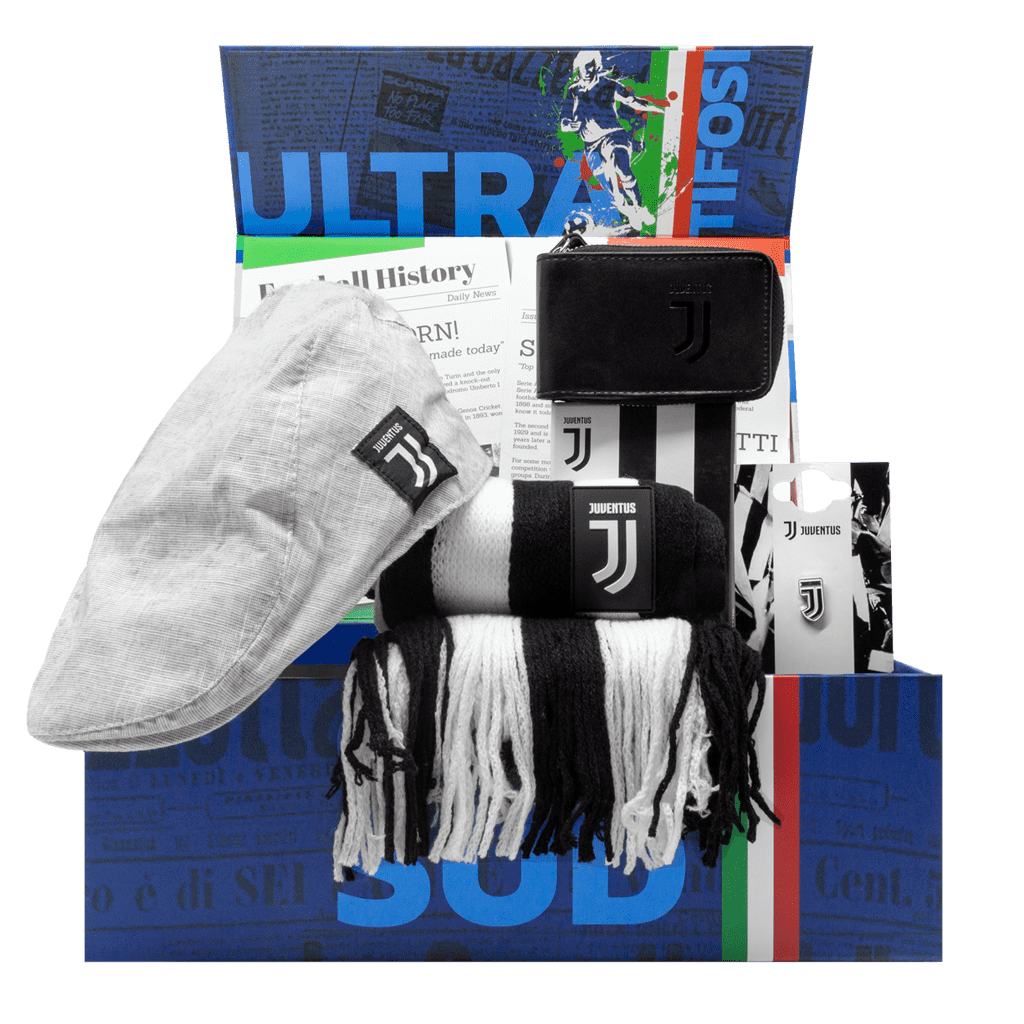 Juventus Derby Gift Box with coppola hat, team scarf, wallet, and lapel pin.