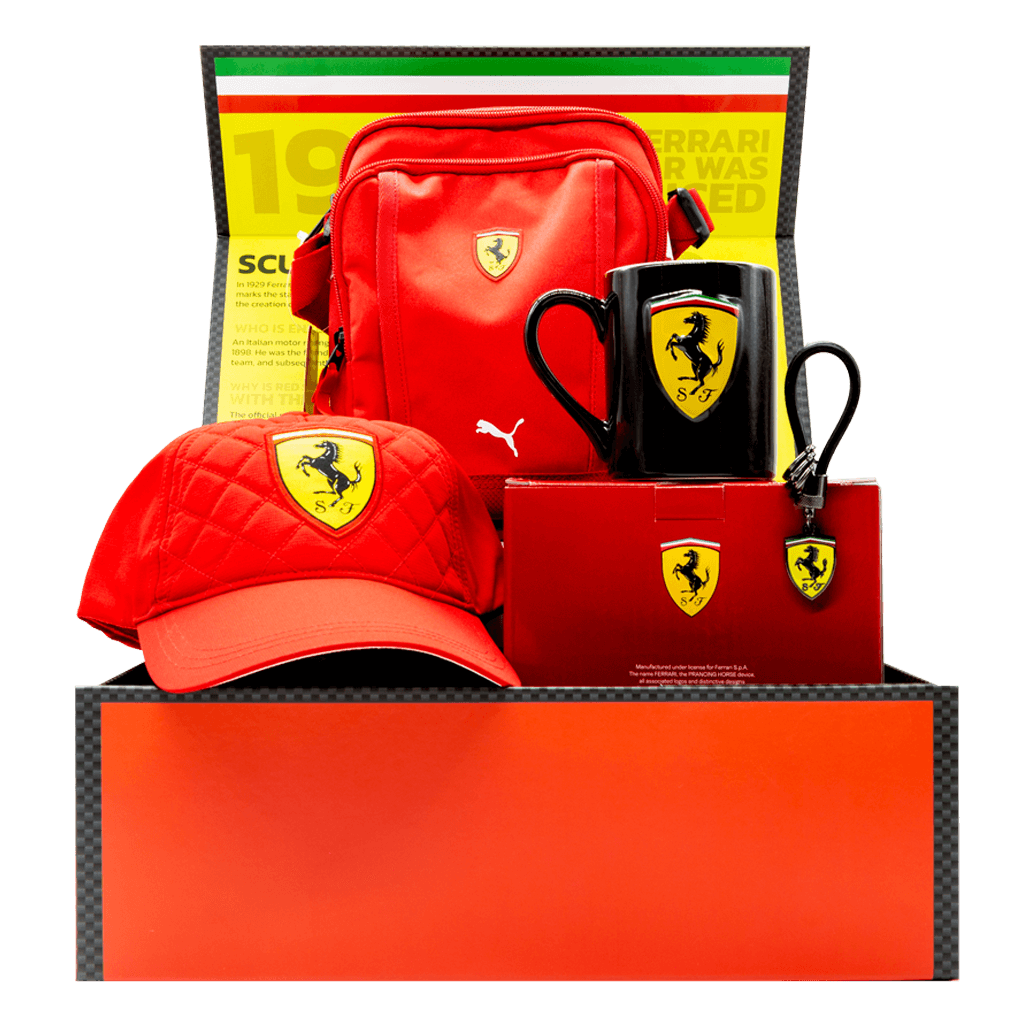 Ferrari F1 Gift Box with quilted cap, mug, keychain and bag.