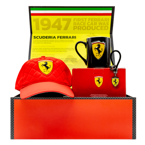 Ferrari SCUDERIA F1 Gift Box with quilted cap, mug, and keychain.