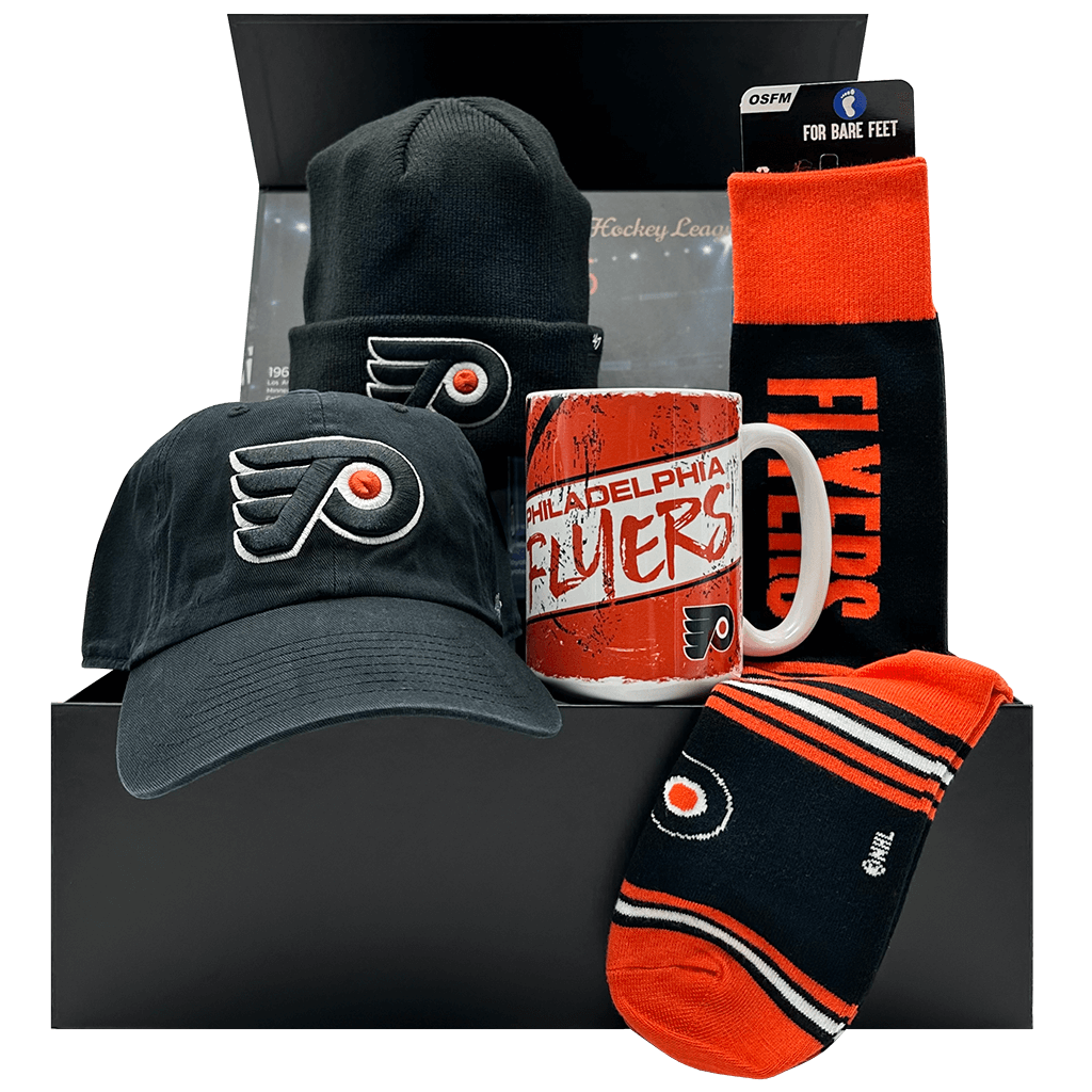 Philadelphia Flyers NHL Gift Box with team socks, mug, cap, and toque.